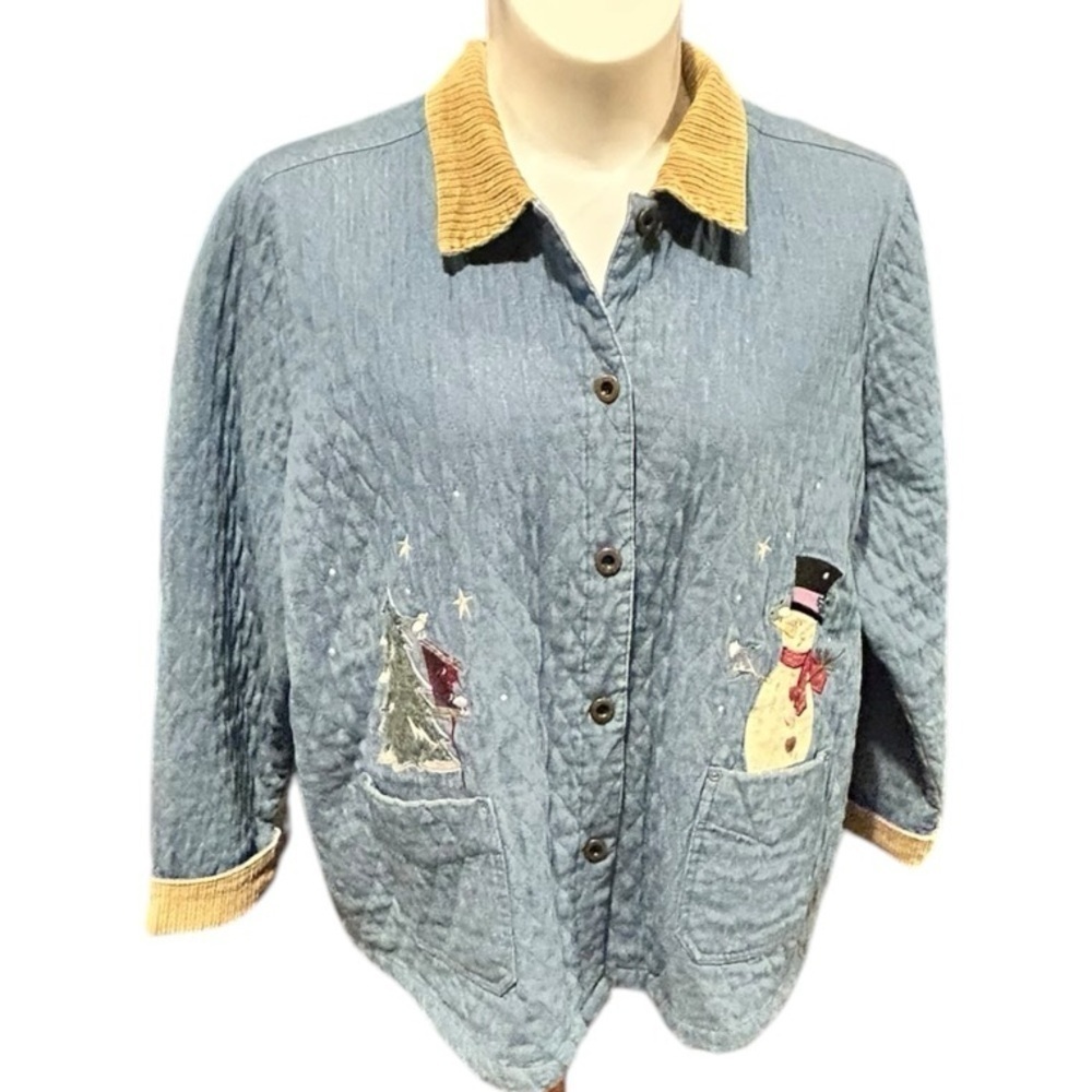 C. J. Banks Winter Holiday Jacket Snowman Tree Birdhouse Birds Quilted Denim 2X